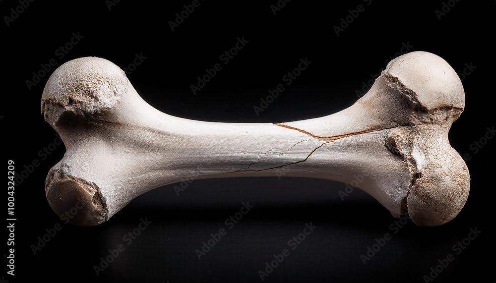 Close-Up of a Weathered Animal Femur Bone with Eroded Epiphyses on a Black Background, Showing Surface Texture and Structural Degradation. Halloween Themed Design Close-Up of a Weathered Animal Femur Bone with Eroded Epiphyses on a Black Background, Showing Surface Texture and Structural Degradation. Halloween Themed Design