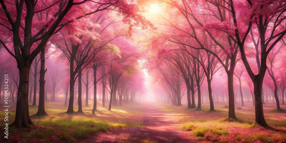 Enchanting Pink Forest Landscape with Sunlight and Fog for dreamy background Enchanting Pink Forest Landscape with Sunlight and Fog for dreamy background