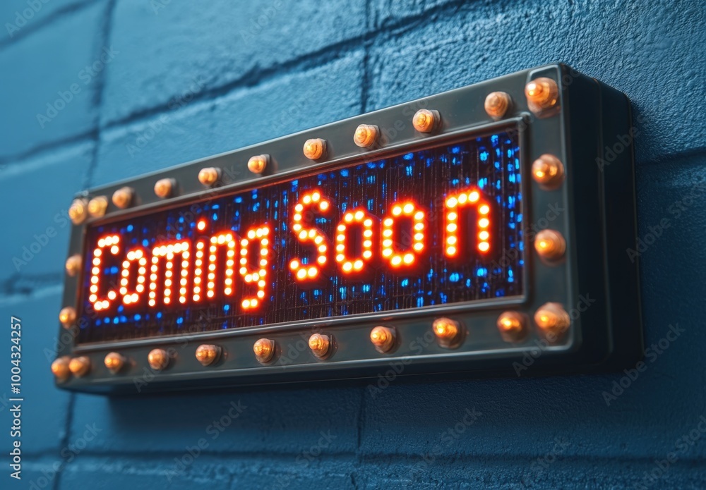 Digital clock displaying a vibrant Coming Soon message on a blue wall Digital clock displaying a vibrant Coming Soon message on a blue wall