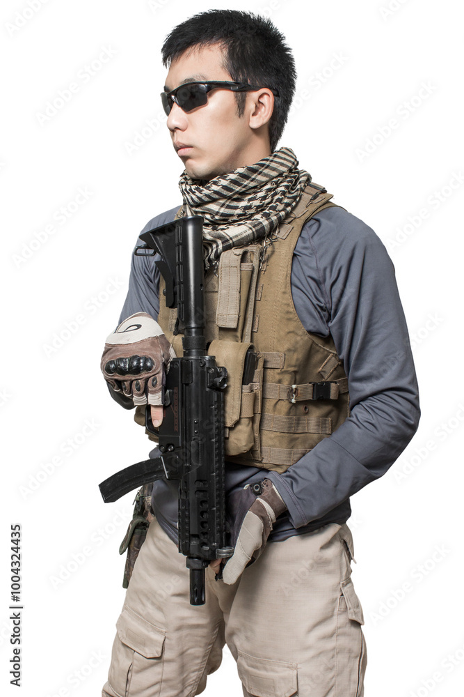 Private military contractor man with modern sub machine gun weapon die cut transparent Private military contractor man with modern sub machine gun weapon die cut transparent