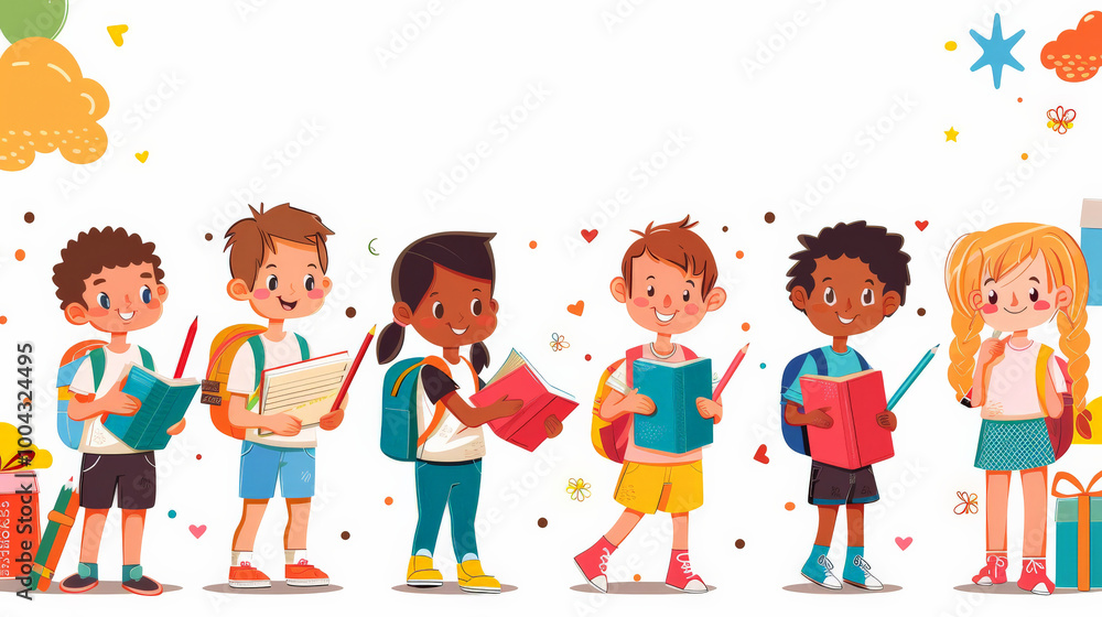 Fototapeta premium Cheerful Back to School Banner Featuring Cartoon Kids with Books and Pencils