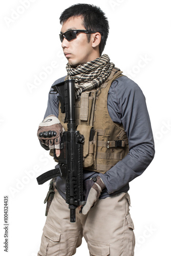 Private military contractor man with modern sub machine gun weapon die cut transparent