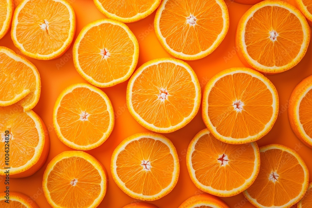 Array of neatly arranged orange slices on a vibrant orange background, showcasing their symmetry and freshness. Array of neatly arranged orange slices on a vibrant orange background, showcasing their symmetry and freshness.