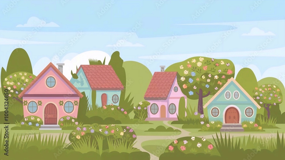Summer cute Village Scene with Houses Trees in garden landscape banner background Summer cute Village Scene with Houses Trees in garden landscape banner background