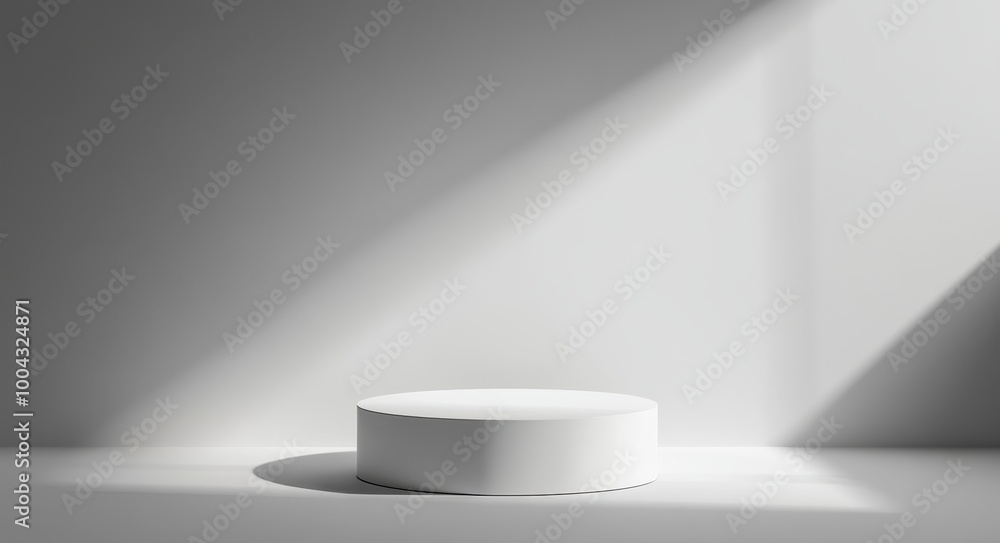 White, empty podium for product presentation, minimal background, 3D rendering illustration. White, round stage showcase platform. White, empty podium for product presentation, minimal background, 3D rendering illustration. White, round stage showcase platform.