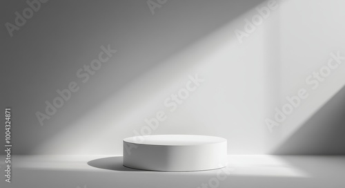 White, empty podium for product presentation, minimal background, 3D rendering illustration. White, round stage showcase platform. 