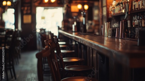 Cozy Bar with Dark Wooden Counter and High Chairs, Blurred Interior in the Background