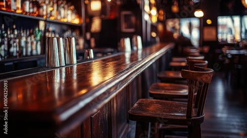 Cozy Bar with Dark Wooden Counter and High Chairs, Blurred Interior in the Background