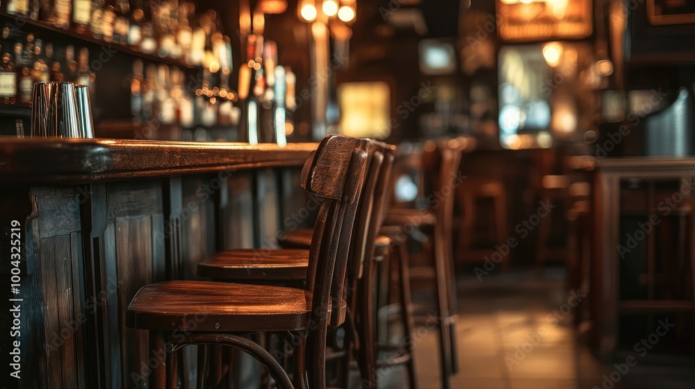 Cozy Bar with Dark Wooden Counter and High Chairs, Blurred Interior in the Background Cozy Bar with Dark Wooden Counter and High Chairs, Blurred Interior in the Background