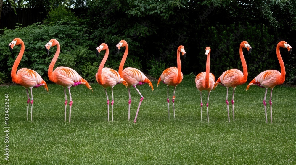 Colorful flamingos gather in a vibrant grassy space, showcasing their elegance among the surrounding greenery and trees during a tranquil moment in nature Colorful flamingos gather in a vibrant grassy space, showcasing their elegance among the surrounding greenery and trees during a tranquil moment in nature
