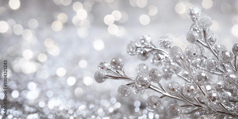 Sparkling silver branch-like ornaments beautifully captured with a soft bokeh effect creating an elegant atmosphere. Sparkling silver branch-like ornaments beautifully captured with a soft bokeh effect creating an elegant atmosphere.