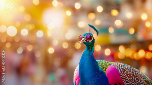 peacock wearing sunglasses on blurred background