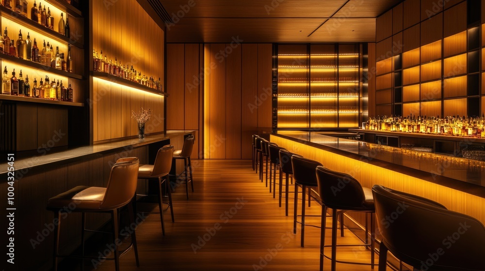 Cozy Bar with Dark Wooden Counter and High Chairs, Blurred Interior in the Background Cozy Bar with Dark Wooden Counter and High Chairs, Blurred Interior in the Background