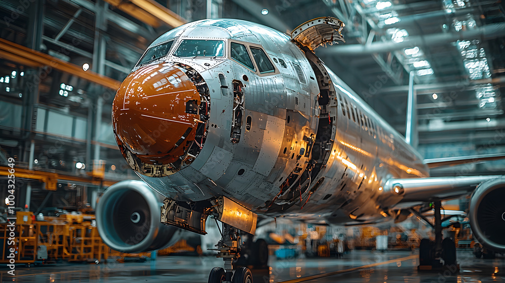 Detailed view of an airplane in a hangar, showcasing modern engineering and manufacturing processes in aviation industry. Detailed view of an airplane in a hangar, showcasing modern engineering and manufacturing processes in aviation industry.