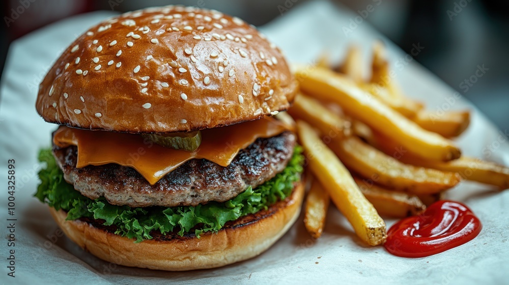 A delicious cheeseburger rests on a plate alongside golden fries A delicious cheeseburger rests on a plate alongside golden fries