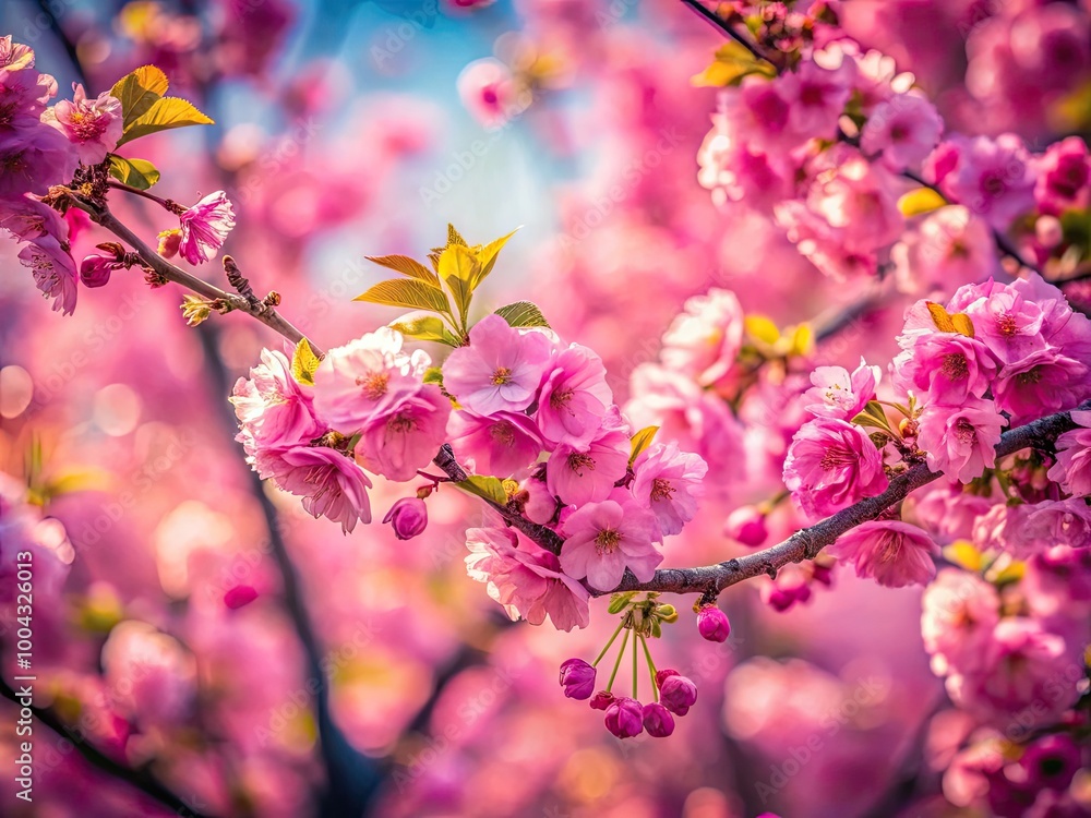 Obraz premium Pink Flowering Tree Blossoms in Spring Nature Art Border with Soft Blurred Background Aesthetic