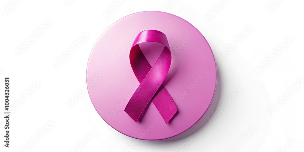 Pink cancer awareness ribbon in a vibrant magenta purple circle on a clean white background