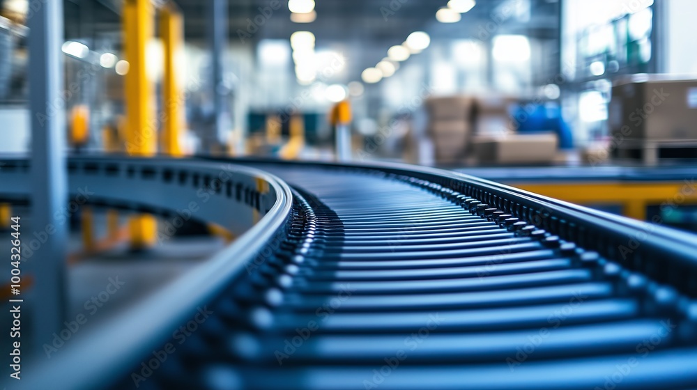 Curved conveyor belts transporting goods in a modern warehouse during daylight hours, showcasing efficient logistics operations Curved conveyor belts transporting goods in a modern warehouse during daylight hours, showcasing efficient logistics operations