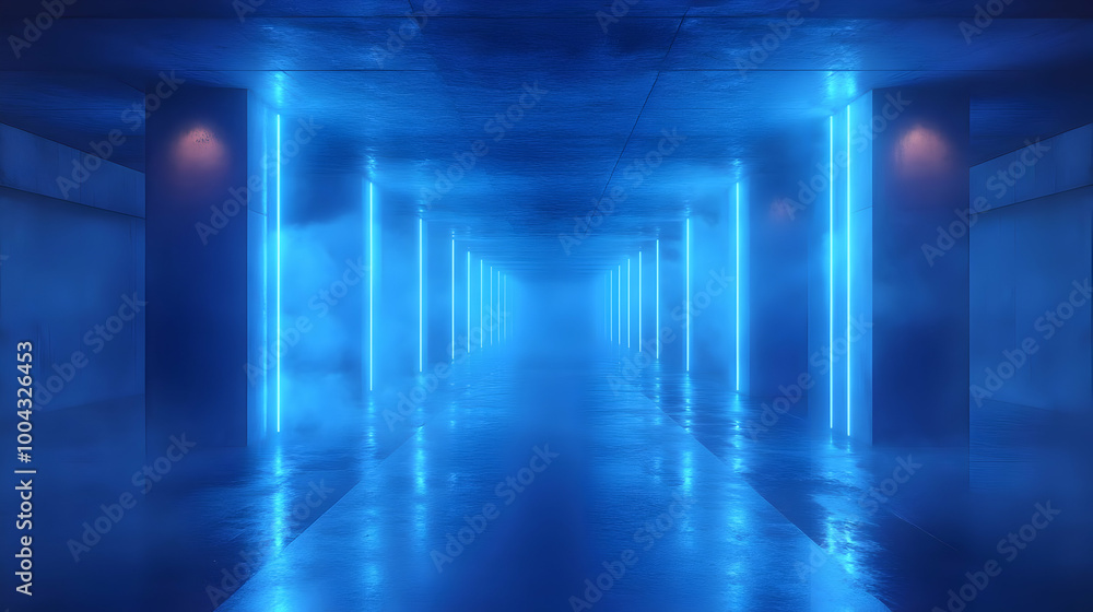 Blue Neon Lights Corridor 3D Illustration Blue Neon Lights Corridor 3D Illustration