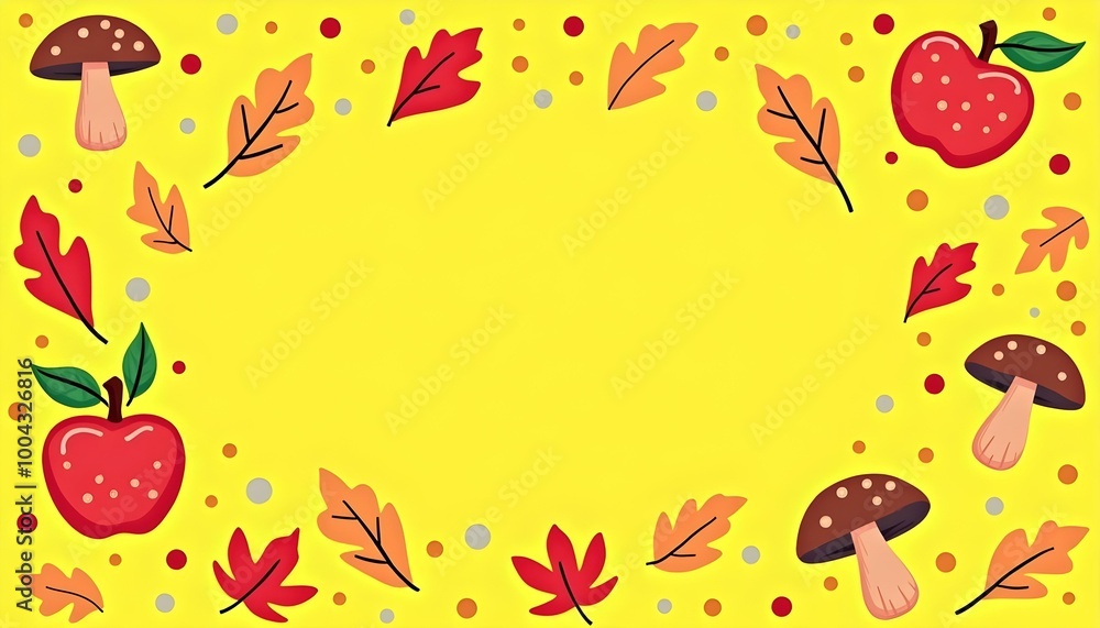 A vibrant autumn-themed design with apples, mushrooms, and falling leaves on a yellow background A vibrant autumn-themed design with apples, mushrooms, and falling leaves on a yellow background