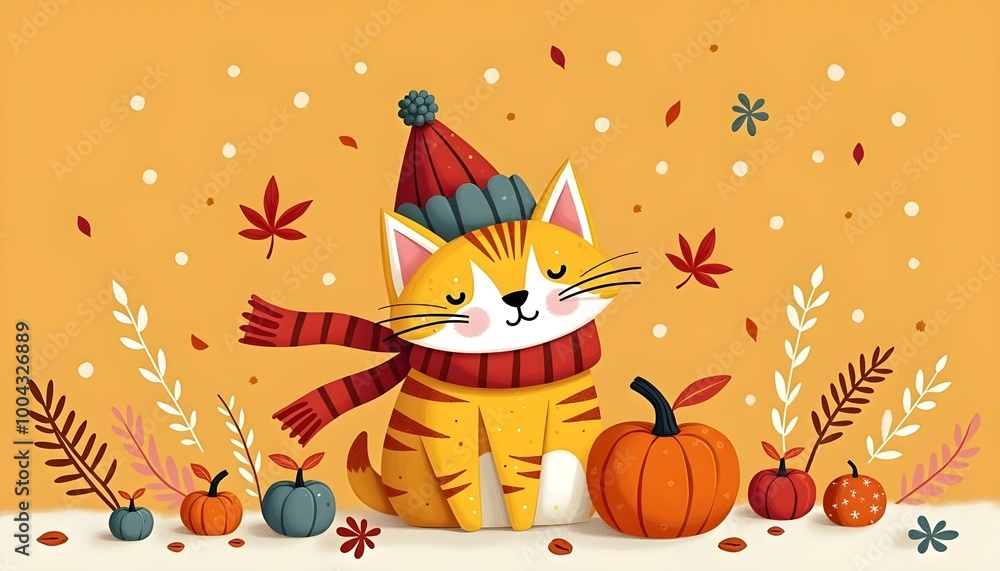 Naklejka premium A playful tiger-striped cat wears a hat and scarf amid fall leaves and pumpkins