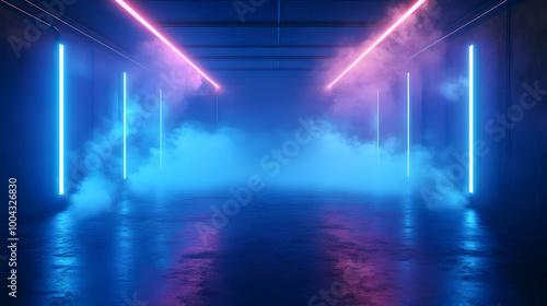 3D Neon Lights Corridor Abstract Background