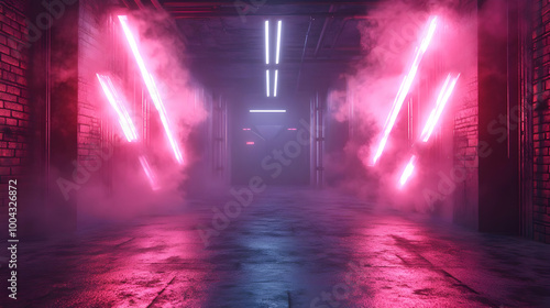 Neon Lights In A Dark Corridor 3D Illustration