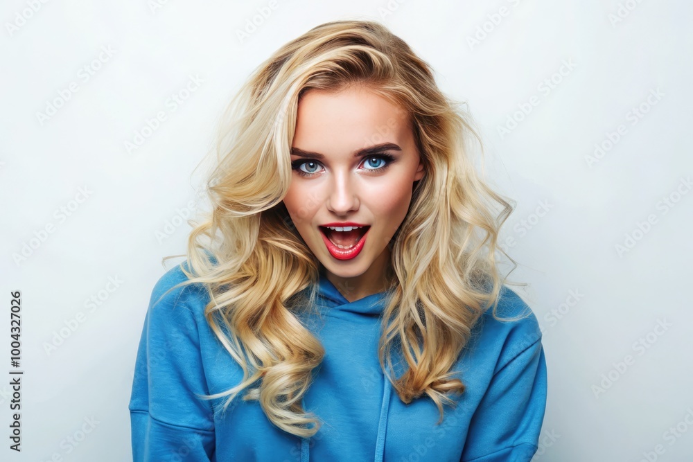 Fototapeta premium Playful Young Woman with Blonde Hair in Blue Sweatshirt Biting Lip and Flirting Against White Background