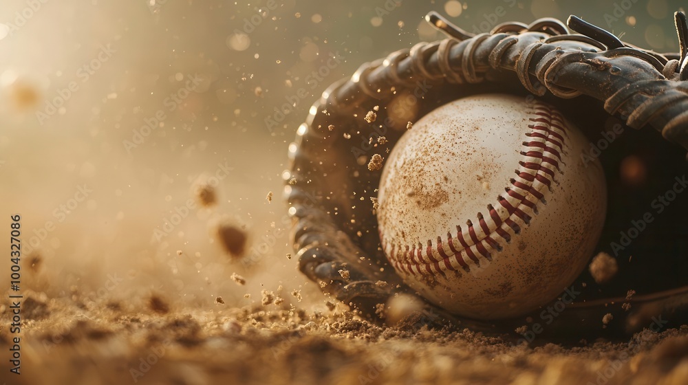 Closeup of a catcher s mitt as the ball makes contact during a tournament, intense detail, baseball, tournament, sports gear Closeup of a catcher s mitt as the ball makes contact during a tournament, intense detail, baseball, tournament, sports gear