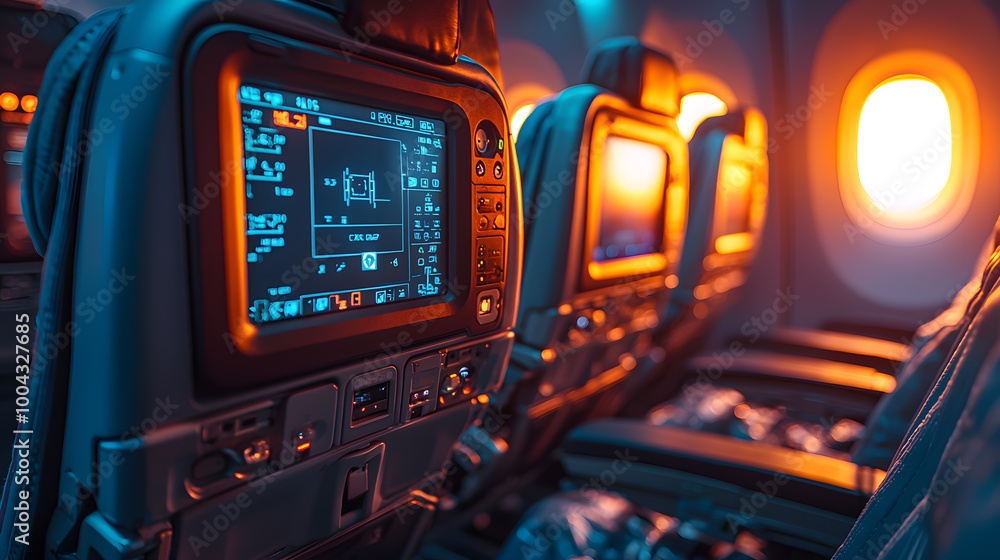 Interior view of an airplane cabin with modern screens and warm light from the window creating a cozy travel atmosphere. Interior view of an airplane cabin with modern screens and warm light from the window creating a cozy travel atmosphere.