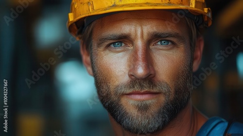 strong german man wearing a construction helmet exuding confidence and determination the backdrop hints at an active construction site emphasizing themes of hard work and resilience