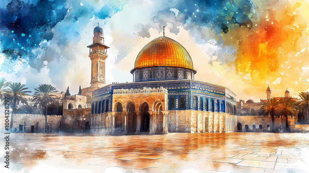 Naklejka premium Al aqsa mosque in jerusalem with watercolor painting art. islamic architecture. Arabian Nights. Illustration