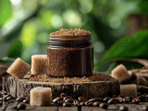 A jar of body scrub filled with brown sugar sits on wooden surface, surrounded by sugar cubes and coffee beans, creating natural and inviting atmosphere