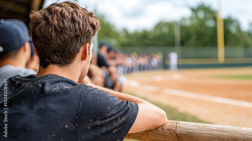 Dugout filled with anxious players watching the final inning of a baseball tournament game, baseball, tournament, tension Dugout filled with anxious players watching the final inning of a baseball tournament game, baseball, tournament, tension