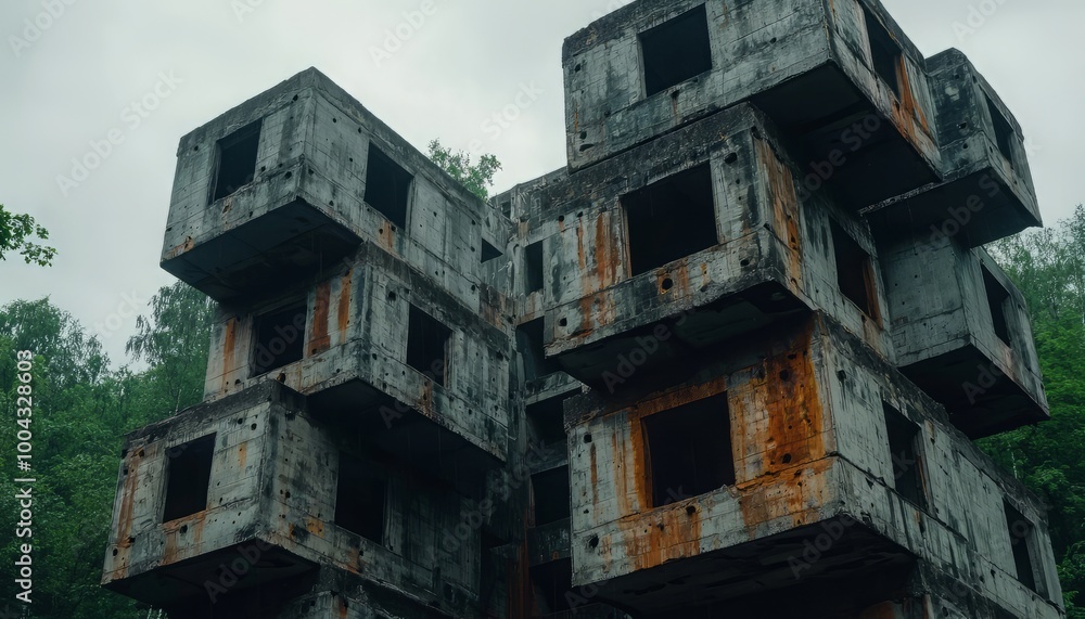 A mysterious and abandoned concrete structure surrounded by lush greenery, showcasing weathered surfaces and intriguing shapes. A mysterious and abandoned concrete structure surrounded by lush greenery, showcasing weathered surfaces and intriguing shapes.
