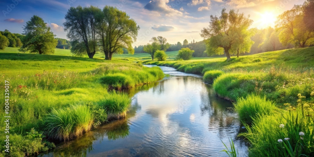 Tranquil Meadow Serene Brook with Calming Water Sounds Nature Background Tranquil Meadow Serene Brook with Calming Water Sounds Nature Background