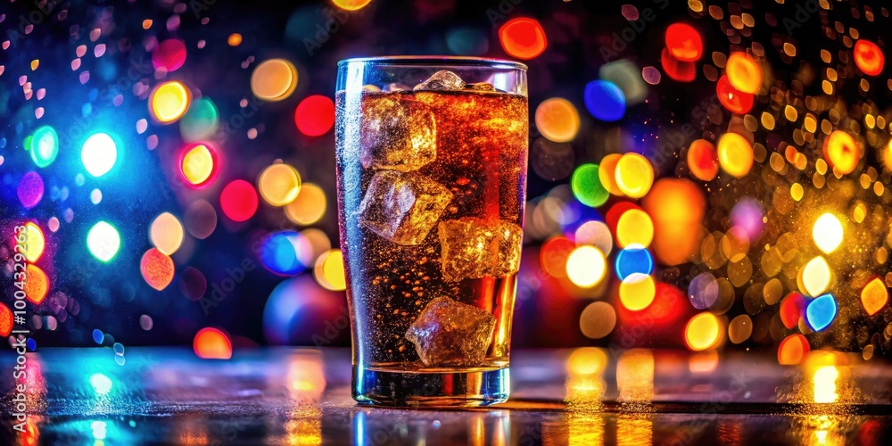 Refreshing Carbonated Beverage in a Glass with Ice and Bubbles on a Bright Background Refreshing Carbonated Beverage in a Glass with Ice and Bubbles on a Bright Background