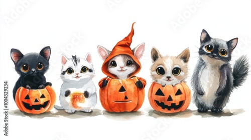 Cute animals in Halloween costumes, painted in a fun watercolor style, perfect for children's designs and festive illustrations