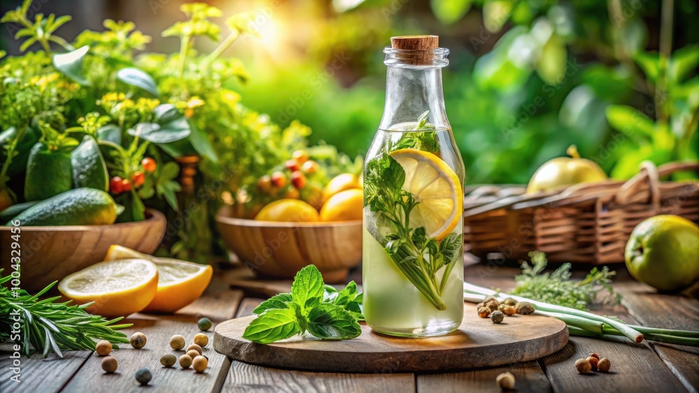 Refreshing Herbal Tonic in Glass Bottle Surrounded by Fresh Herbs and Natural Ingredients on Table Refreshing Herbal Tonic in Glass Bottle Surrounded by Fresh Herbs and Natural Ingredients on Table