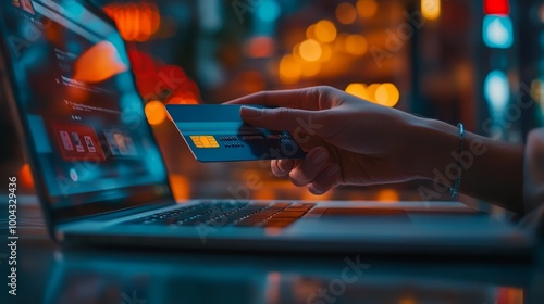 A hand holds a credit card above a laptop, suggesting online shopping or digital transactions in a vibrant, illuminated environment. photo