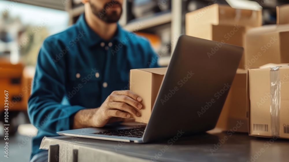 A person working on a laptop in a warehouse, surrounded by cardboard boxes, focusing on tasks related to inventory or shipping management. A person working on a laptop in a warehouse, surrounded by cardboard boxes, focusing on tasks related to inventory or shipping management.