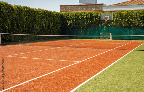 Empty tennis practice court in summer.