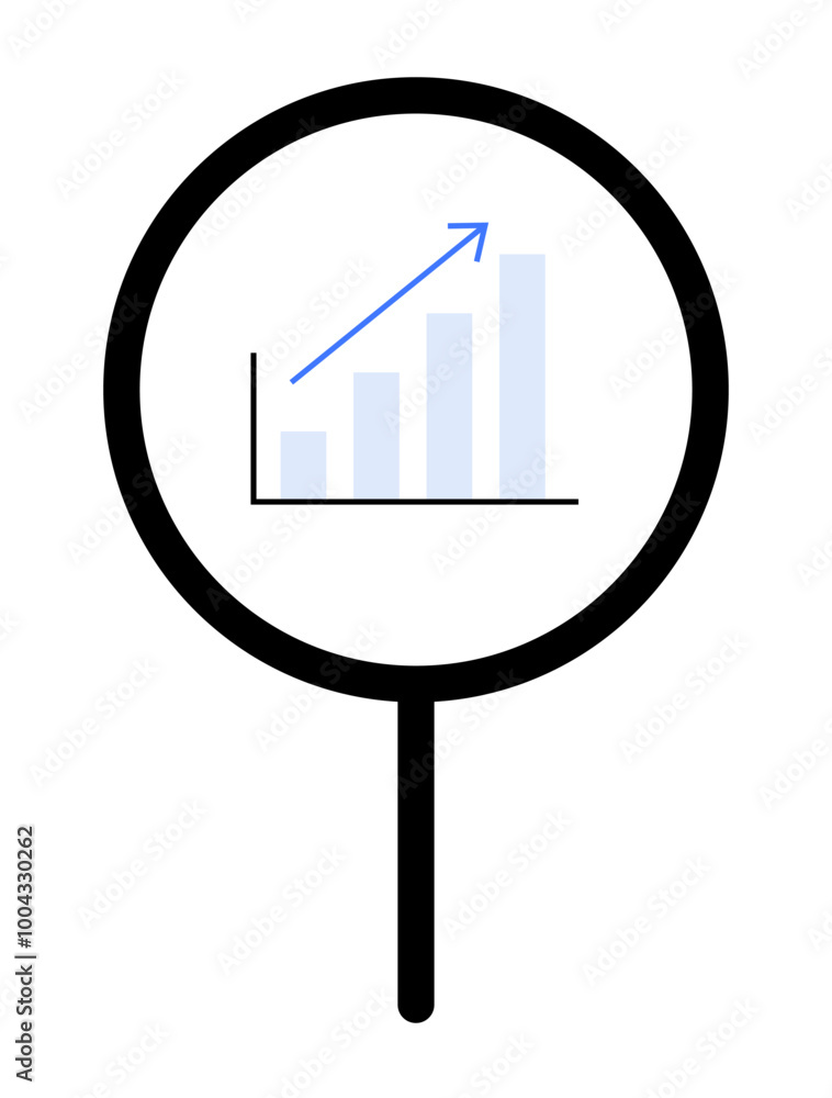 A magnifying glass with a rising bar graph in the center, indicating growth or progress. Ideal for business, research, analytics, data analysis, and financial studies. Simple, clean style A magnifying glass with a rising bar graph in the center, indicating growth or progress. Ideal for business, research, analytics, data analysis, and financial studies. Simple, clean style