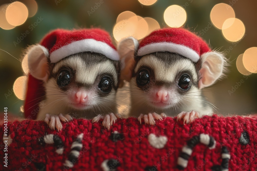 Adorable Sugar Gliders in Festive Santa Hats Capturing Holiday Cheer Adorable Sugar Gliders in Festive Santa Hats Capturing Holiday Cheer