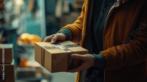 A person holding a small package in a setting with blurred background elements, suggesting a busy environment, likely related to shipping or delivery.