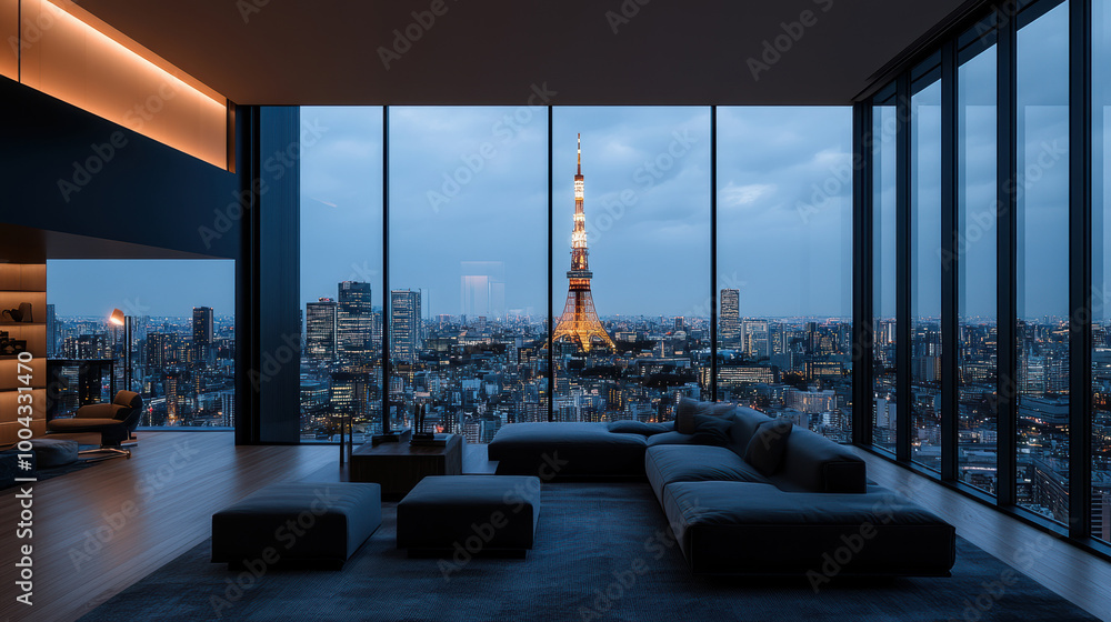 Fototapeta premium A luxurious penthouse with panoramic windows showcasing a vibrant city beneath a twilight sky, featuring stylish decor, plush sofas, and cozy lighting.