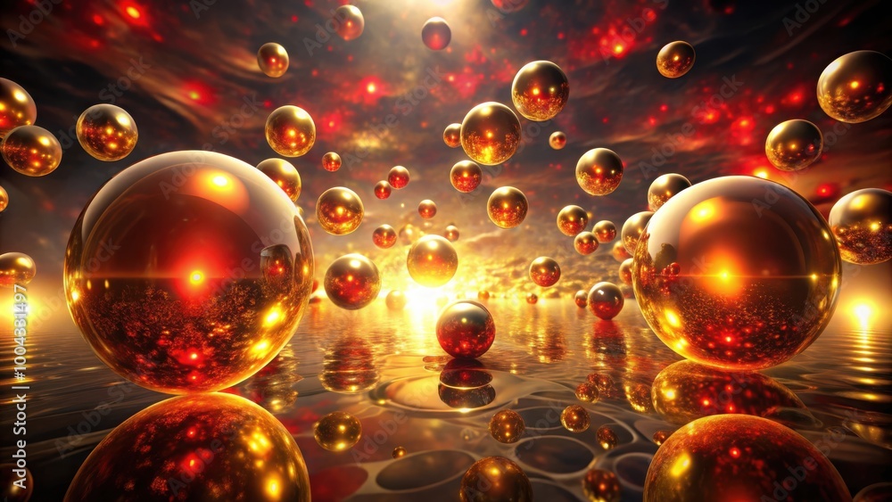 Abstract background with golden and red orbs glowing lights in dark, mysterious atmosphere Abstract background with golden and red orbs glowing lights in dark, mysterious atmosphere