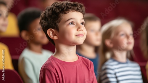 A curious child sits captivated among peers, embodying joy and fascination during a live performance in a theater.