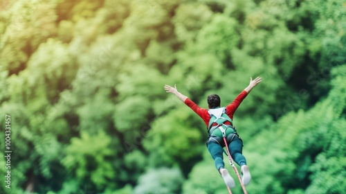 A daring individual enjoys an exhilarating bungee jump amidst stunning lush greenery, capturing the thrill of adventure.