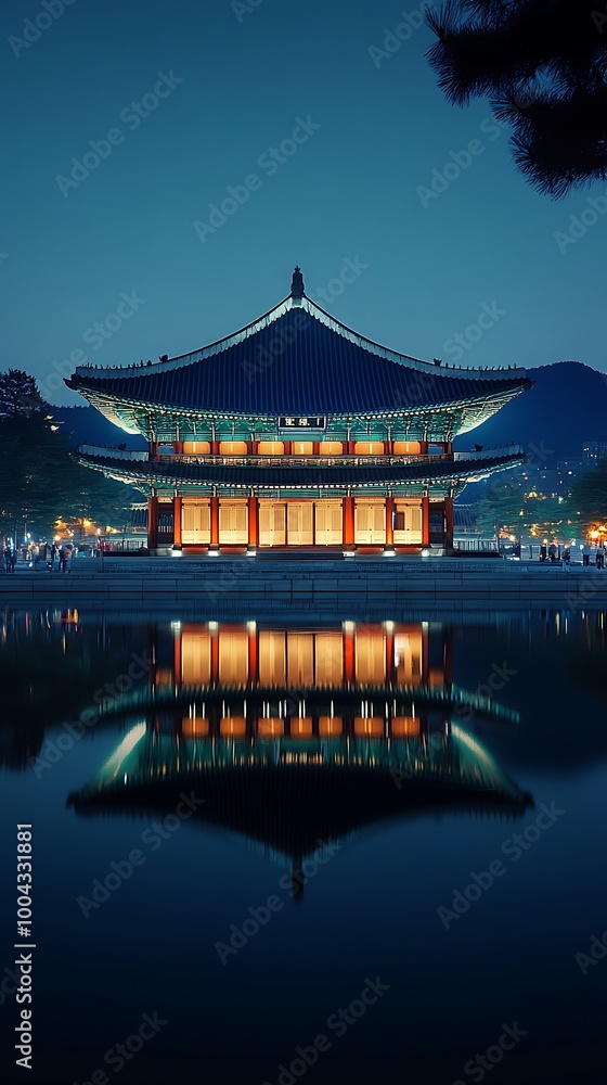 Fototapeta premium Historic palace seoul with water reflection night lights image